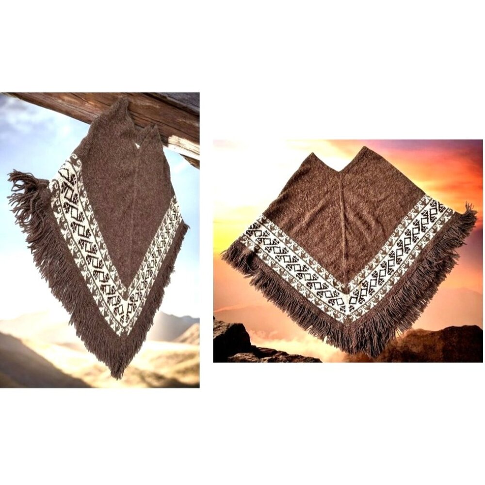 Vintage Fotrama Poncho Shawl Cape One Size Alpaca Wool Fringe Tribal Winter Boho - Picture 4 of 12